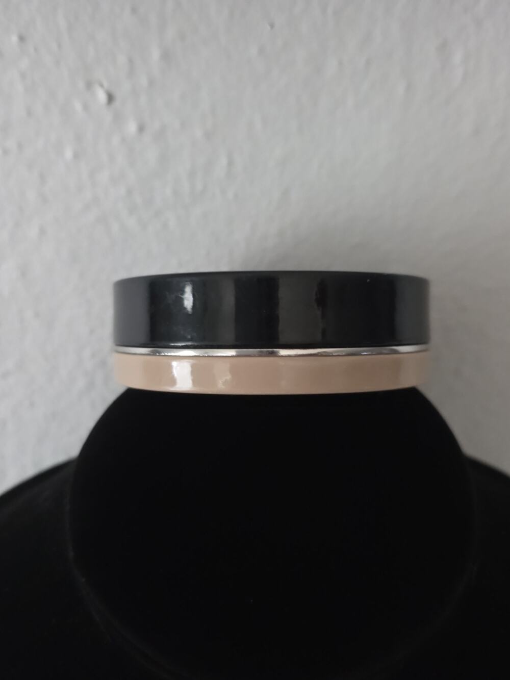 Vintage Lucite Split Tone Fused Bangle Bracelet Black Beige Silver Minimalist Lg